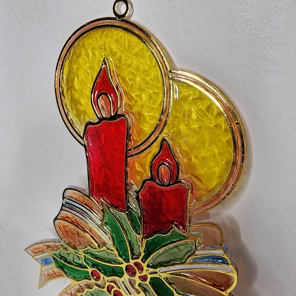 Vintage Suncatcher Christmas Candles and Holly Plastic Stained Glass Ornament - Picture 9 of 13